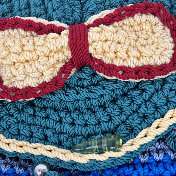 Handmade Crochet Striped Backpack Teal Multi Color Bow Detail Boho Knit Bag main image 4